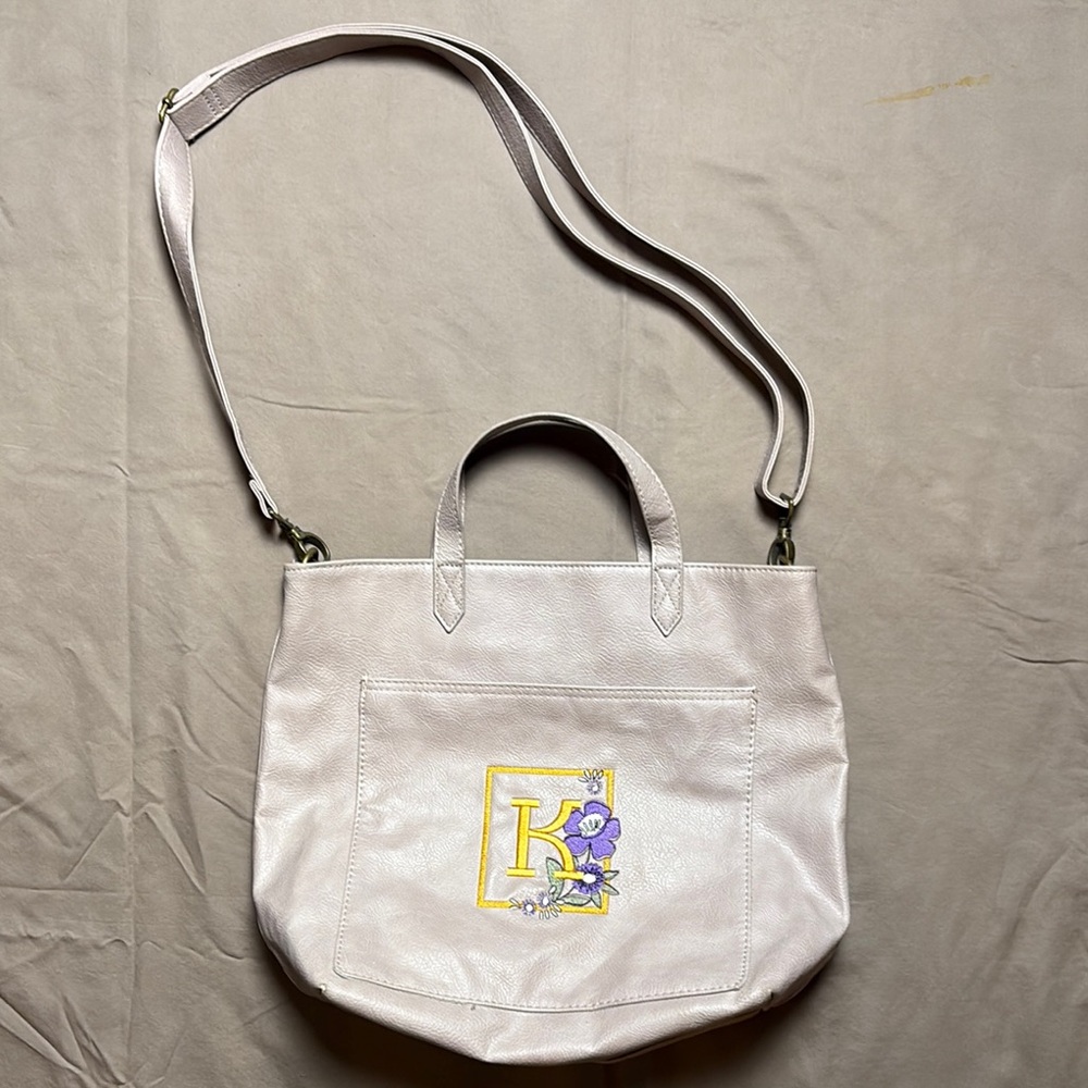 Cream”K” Monogram Embroidered Tote with Adjustable Strap‎